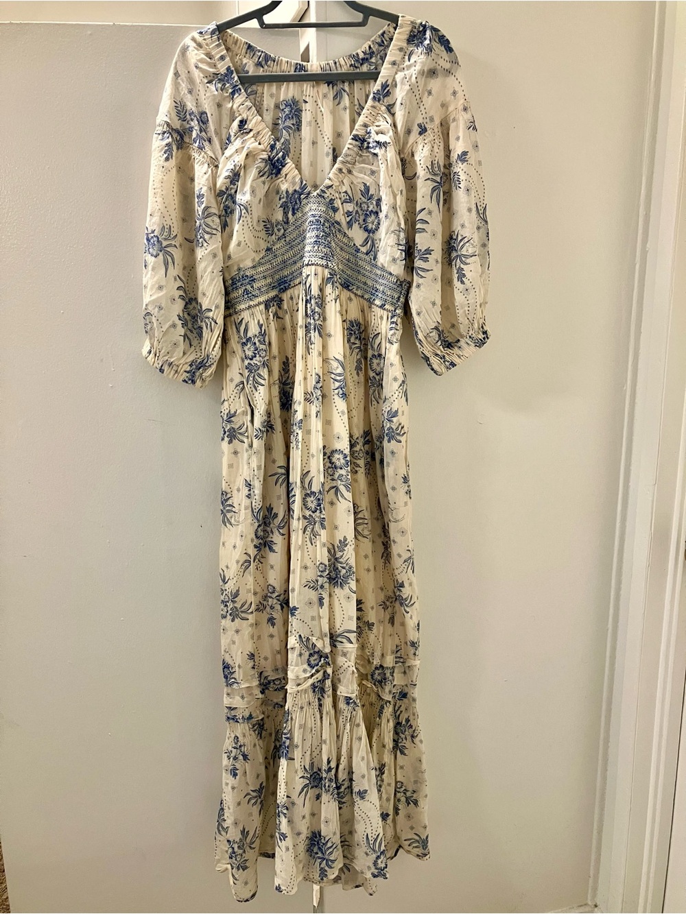 Free People Golden Hour Maxi Long Dress Blue Floral Boho Romantic Sz M.